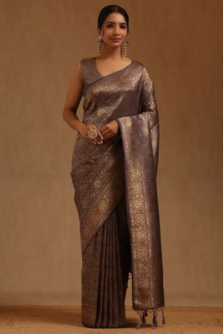 grey tussar floral zari woven saree womens soch